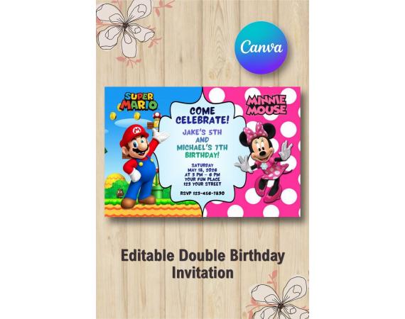 Twin Super Mario and Minnie Mouse Invitation | Canva Template